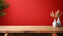 Empty Wooden Table On Red Wall Background
