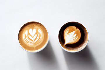 Two coffees including black and latte on white table