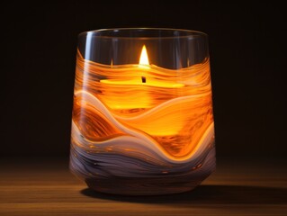 Wall Mural -  a close up of a lit candle in a glass on a wooden table with a dark back ground and a wooden table with a light in the middle of it.