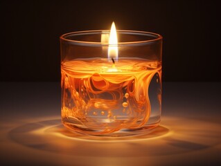 Wall Mural -  a lit candle in a glass of water on a dark background with a reflection of the candle in the glass and the reflection of the candle in the glass on the table.