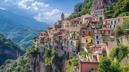 Sticker -  a village on the side of a mountain with a view of a valley and mountains in the distance with a train on the side of the mountain in the distance.