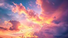 Sunset Sky Clouds In The Evening With Red, Orange, Yellow And Purple Sunlight On Golden Hour After Sundown, Romantic Sky In Summer On Dusk Twilight