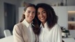 © Alex - Group of Women Friends Hug on Sofa in Living Room AI Generated