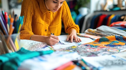 Creative fashion designer drawing sketches surrounded by various fabrics and design tools in a studio..