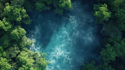 Wall Mural -  an aerial view of a river in the middle of a forest with blue water flowing through the center of the river, surrounded by lush green trees in the foreground.