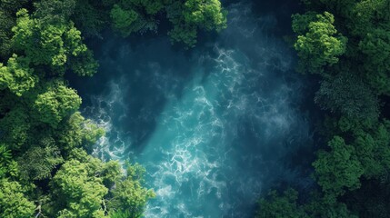 Sticker -  an aerial view of a river in the middle of a forest with blue water flowing through the center of the river, surrounded by lush green trees in the foreground.