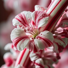 Closeup of peppermint candy cane flowers with white and red stripes