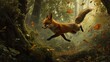  a fox is jumping in the air in a forest with fallen leaves on the ground and in the foreground is a path with trees and leaves on the ground.