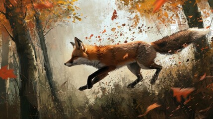 Wall Mural -  a painting of a red fox running through a forest with leaves falling from the trees and leaves falling from the trees are falling from the trees and the leaves are falling.