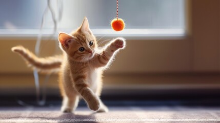 Sticker -  a small orange kitten playing with a ball on a string with a red ball hanging from it's end and a red string hanging from it's end.