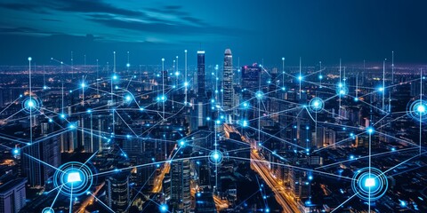 Modern city landscape showing dots and line representing high-speed internet, cloud data storage, computing, global market, global network - AI Generated