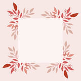 Szablon zaproszenia ślubnego. Elegancka kartka z dekoracją botaniczną w odcieniach  różu i beżu, z czerwonym akcentem. Kwiatowy wzór z liśćmi i gałązkami.