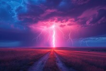 Dramatic Thunderstorm With Dangerous Lightning Over The Prairie