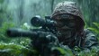 In the jungle's warzone, a special ops mercenary, combining military skill with the stealth of a sniper, readies amid the rain
