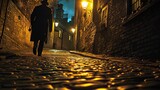Fototapeta Fototapeta uliczki - A man walks on a narrow and stony street