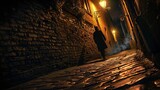 Fototapeta Uliczki - A man walks on a narrow and stony street