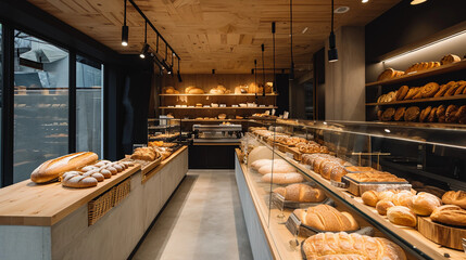 Wall Mural - minimalist bakery with sleek design, showcasing an array of artisan breads and pastries, soft diffused lighting, a calm morning scene