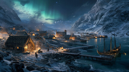 Wall Mural - viking settlement in greenland, showing turf houses, a small dock with a longship, villagers working