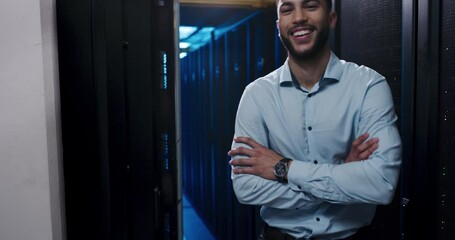 Wall Mural - Technician, man and server room with arms crossed for information technology, business and cybersecurity. Face of happy engineer in data center backup, cloud computing solution or night maintenance