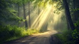 Fototapeta Las -  a dirt road in the middle of a forest with sunbeams shining through the trees on either side of the road is a dirt road surrounded by grass and trees.