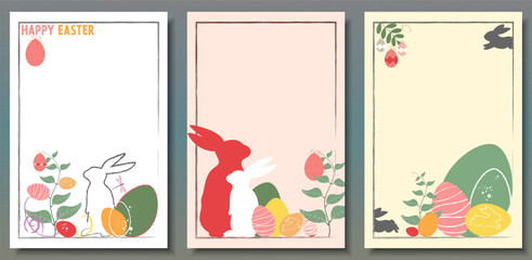 Naklejka na meble Easter greeting poster, flyer design card. Bunny rabbit, Easter eggs, spring plants. Pattern for presentation, brochure, banner, templates set, background.