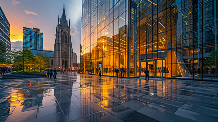 Wall Mural - modern cathedral with sleek, minimalist design and large glass panels, reflecting the surrounding cityscape in a bustling urban setting at twilight