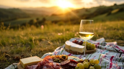 Wall Mural - Glass of Wine Resting on Plaid Blanket at Twilight