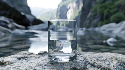  a glass of water sitting on top of a rock next to a body of water with a mountain in the back ground and a body of water in the foreground.