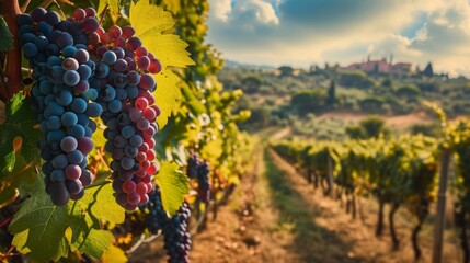 Bunch of Grapes on a Vine, Fresh, Ripe Fruit Hanging in a Vineyard