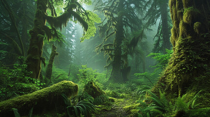 Wall Mural - Olympic National Park with ancient trees, moss-covered ground, and a misty, ethereal atmosphere, captured in stunning realism