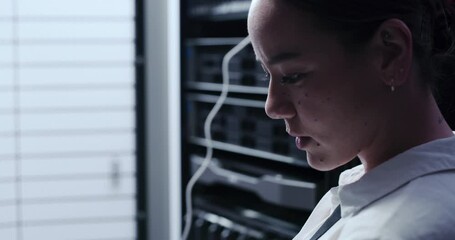 Wall Mural - Woman, server room and laptop with cables connection for system maintenance, hardware or software backup. Technician or programmer typing on computer for engineering, repair and coding in data center