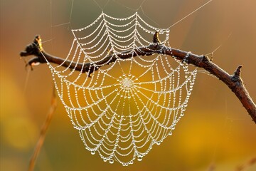 Wall Mural - Close up of delicate spider s web glistening with dewdrops in sunlight