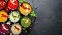 Assortment Of Colored Vegetable Cream Soups,Dietary Food. On A Black Stone Background. Ai Generative