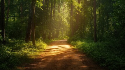 Canvas Print -  a dirt road in the middle of a forest with tall trees on both sides of it and sun shining through the trees on the other side of the dirt road.