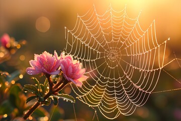 Wall Mural - Intricate spider s web glistening with dewdrops in bright sunlight, showcasing delicate patterns