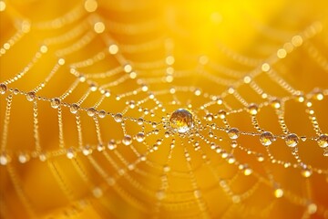 Wall Mural - Close up of delicate spider s web glistening with vibrant dewdrops, illuminated by bright sunlight