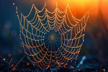 Wall Mural - Close up of delicate spider s web glistening with dewdrops in bright sunlight