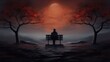 © EarthWalker - Loneliness and depression concept. Solitude, melancholy. Lonely person sits alone on a bench by the trees. AI Generated