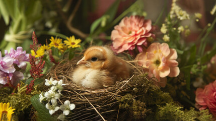 Poster -  a small bird sitting on top of a nest in a pile of flowers next to a bunch of pink, yellow, purple, and white flowers and yellow flowers.