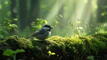  A Small Bird Perched On A Mossy Log In The Middle Of A Forest With Sunlight Streaming Through The Trees And The Leaves On The Mossy Surface Of The Ground.