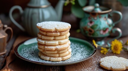 Poster -  a stack of powdered sugar cookies sitting on top of a green plate next to a tea pot and a teapot on a wooden table with flowers and a teapot.