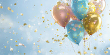 Bouquet Of Realistic Transparent, Gold, Light Pink And Light Blue Balloons