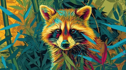 Sticker -  a close up of a painting of a raccoon in a field of grass and plants with a blue sky in the background and yellow and green leaves in the foreground.