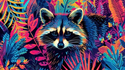 Sticker -  a colorful painting of a raccoon surrounded by tropical plants and leaves, with a blue, yellow, orange, pink, green, and red color scheme.