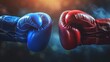 Impact moment between red and blue boxing gloves, dynamic moment. Fist bump. Concept of competition, opposing forces, training, sport competition, and the dynamic nature of boxing.