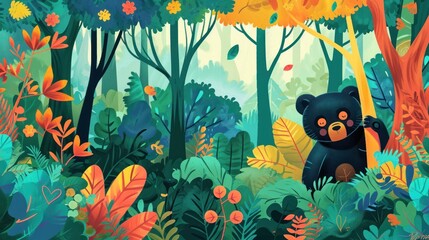 Poster -  a black bear standing in the middle of a forest filled with lots of plants and trees and surrounded by yellow, orange, green, and red flowers and orange leaves.