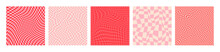 Set Of Five Groovy Lovely Backgrounds. Happy Valentines Day Greeting Card With Patterns In Trendy Retro 60s, 70s Style.