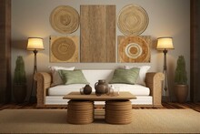 Warm And Inviting Living Room With Natural Wicker Furniture, Creative Wall Display, Digitally Produced Image. Generative AI