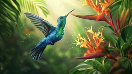 Poster -  a painting of a hummingbird flying in the air over a flower and a plant with bright yellow and red flowers in the foreground and green foliage in the background.