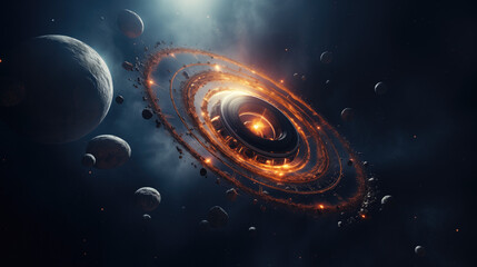 a futuristic space station surrounded by glowing orange rings and numerous asteroids, set against th